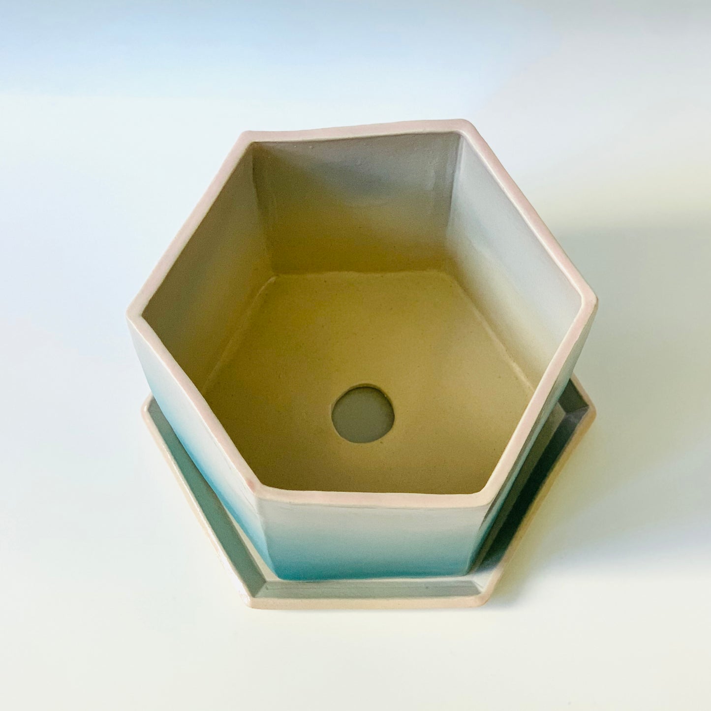 Hexagon Pot, Medium (Turquoise/Pale Pink)
